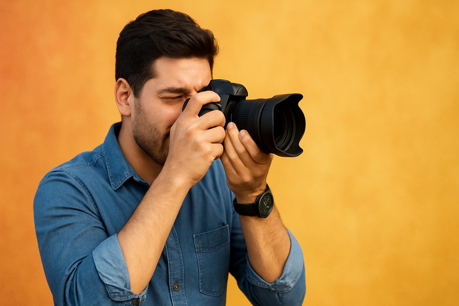 Photographer taking pictures with DSLR camera in outdoors.
